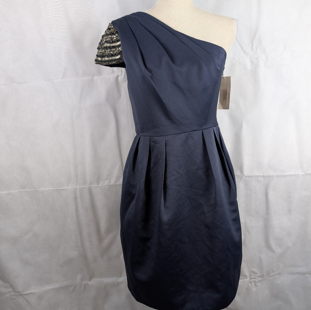 Shoshanna Satin One Shoulder Beaded Elegant Formal Navy Sheath Dress Size 6